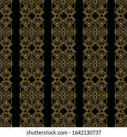 Abstract geometric gold seamless pattern on black background. Retro art deco vintage ornament.