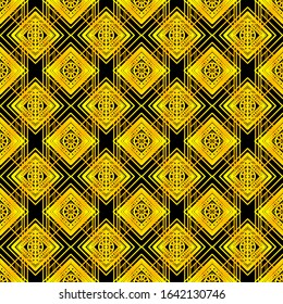 Abstract geometric gold seamless pattern on black background. Retro art deco vintage ornament.