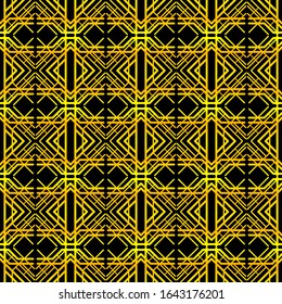 Abstraktes geometrisches, goldenes, nahtloses Muster auf schwarzem Hintergrund. Retro Art deco Vintage Ornament.