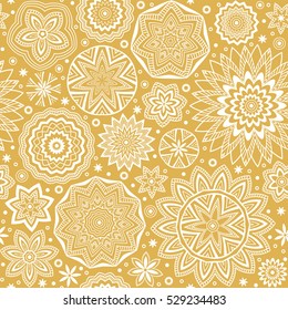 Abstract geometric golden background. Polygonal and circle shapes wallpaper. Vector abstract christmas snowflakes seamless pattern. 