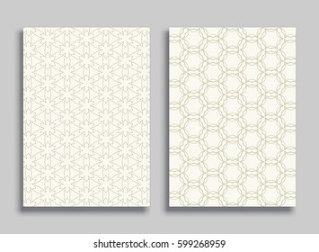 Abstract geometric golden line patterns, size A4. Monochrome ornamental lace pattern. Vector set of trendy linear backgrounds for flyers, wallpapers, banners, business cards