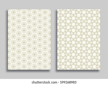 Abstract geometric golden line patterns, size A4. Monochrome ornamental lace pattern. Vector set of trendy linear backgrounds for flyers, wallpapers, banners, business cards