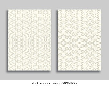 Abstract geometric golden line patterns, size A4. Monochrome ornamental lace pattern. Vector set of trendy linear backgrounds for flyers, wallpapers, banners, business cards
