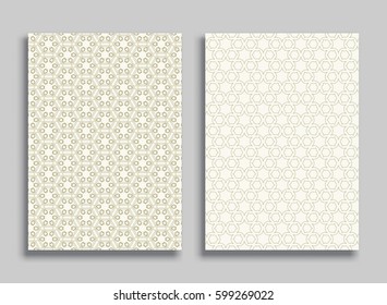 Abstract geometric golden line patterns, size A4. Monochrome ornamental lace pattern. Vector set of trendy linear backgrounds for flyers, wallpapers, banners, business cards