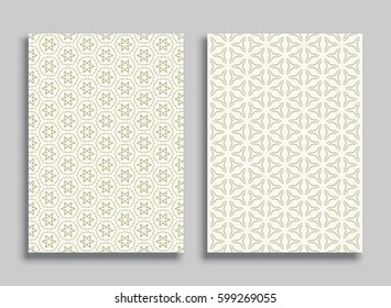 Abstract geometric golden line patterns, size A4. Monochrome ornamental lace pattern. Vector set of trendy linear backgrounds for flyers, wallpapers, banners, business cards