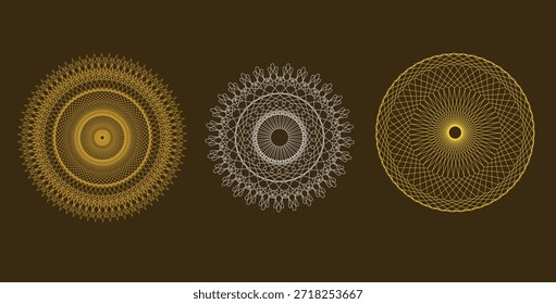 Abstract geometric golden mandala pattern on brown background. Radial symmetry design element. Decorative art illustration with intricate lines and shapes. Circular motif.