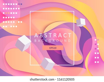 Abstract geometric gradient background with wavy shapes, square frame and cubes. Colorful and digital backdrop for the advertise and marketing in dynamic, fluid forms. Vector illustration.