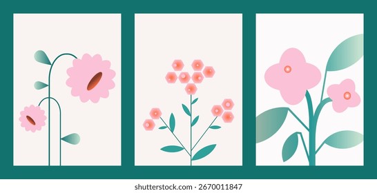 Abstract geometric gradient florals set. Greeting, Invitation Card, Poster, Flyer. Simple Flowers. Playful minimalist modern design template for spring holidays, International Woman Day, 8 March