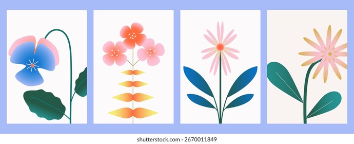 Conjunto de florales de gradiente geométrico Abstractas. Saludo, tarjeta de invitación, cartel, volante. Flores simples. Plantilla de diseño moderno minimalista lúdico para las vacaciones de primavera, Día Internacional de la Mujer, 8 de marzo