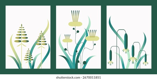 Abstract geometric gradient florals set. Greeting, Invitation Card, Poster, Flyer. Simple Flowers. Playful minimalist modern design template for spring holidays, International Woman Day, 8 March