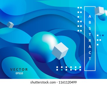 Abstract geometric gradient paper background with wavy shapes, cubes and balls. Colorful and digital backdrop for the advertise and marketing in dynamic, fluid forms. Vector illustration.