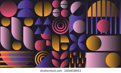 Abstract geometric gradient pattern design background vector. Wallpaper design with circle, square, line art. Modern and trendy illustration perfect for decor, cover, print, banner, packaging, ads.