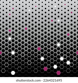 Abstraktes geometrisches Halfton-Hexagon-Muster. Futuristischer Hintergrund. Minimal 80er Jahre Stil Dynamisches Tech-Tapete. Vektorgrafik
