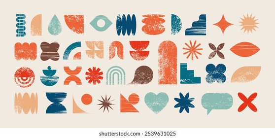 Abstract geometric graphic shapes, elements, various forms collection, Brutalist vector shapes, trendy retro design symbols. Vector concept illustrations