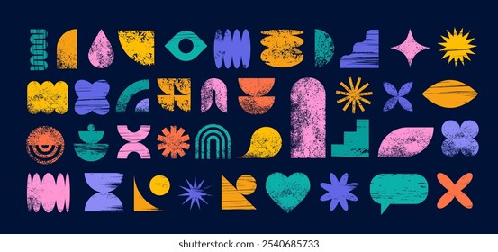 Abstract geometric graphic shapes, elements, various forms collection, Brutalist vector shapes, trendy retro design symbols. Vector concept illustrations