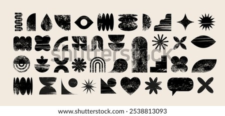 Abstract geometric graphic shapes, elements, various forms collection, Brutalist vector shapes, trendy retro design symbols. Vector concept illustrations