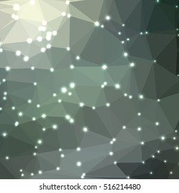 Abstract geometric gray background consisting of colored triangles with lights in corners. Low poly square format pattern.