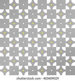 Abstract geometric gray background with ornamental seamless pattern in vector. Gray squares White geometric shapes and Yellow dots in simple checkered ornament. Nice ornamental design gray wallpaper