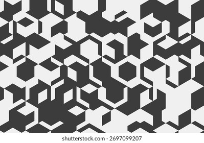 Abstract geometric grayscale pattern.  Complex interlocking hexagons create a dynamic, modern design ideal for tech, architecture, or fashion backgrounds.