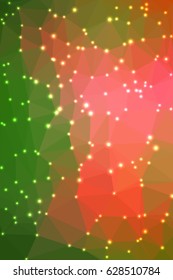 Abstract geometric green and orange background consisting of colored triangles with lights in corners. Vertical format.