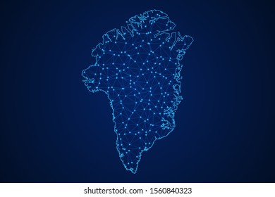 Abstract geometric of Greenland map polygonal line, structure and point scales on blue dark background with lights and dots. Vector illustration eps 10.