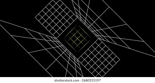 Projeto de grade geométrica abstrata com padrões quadrados amarelos brilhantes em um fundo preto, criando um conceito moderno de arte digital futurista.