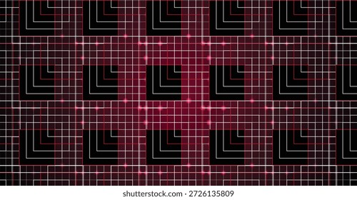 Rejilla geométrica Abstractas con reflejos rojos brillantes y patrones cuadrados repetitivos en forma de L.