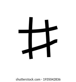 Abstract geometric grid or hashtag shape in doodle or scribble style as a decorative element for contemporary trendy design. Isolated black silhouette, vector illustration.