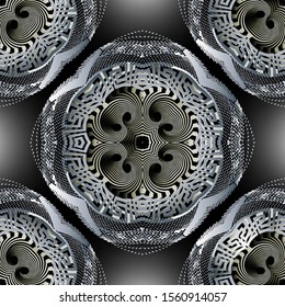 Abstract geometric grunge 3d vector seamless pattern. Textured optical ornamental background. Radial spiral shapes, lines, mandalas. Repeat dirty backdrop. Greek key meanders. Rough modern texture.