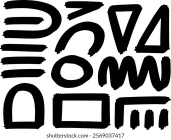 Abstract geometric grunge elements. Hand drawn doodle element set. Abstract geometric shapes and bold brush lines vector collection. Ink blot abstract.