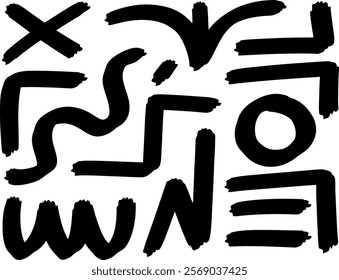 Abstract geometric grunge elements. Hand drawn doodle element set. Abstract geometric shapes and bold brush lines vector collection. Ink blot abstract.