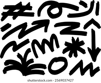 Abstract geometric grunge elements. Hand drawn doodle element set. Abstract geometric shapes and bold brush lines vector collection. Ink blot abstract.