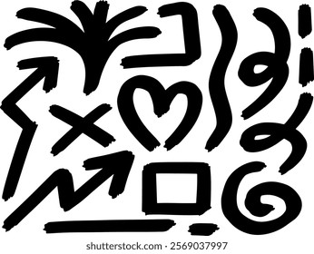 Abstract geometric grunge elements. Hand drawn doodle element set. Abstract geometric shapes and bold brush lines vector collection. Ink blot abstract.