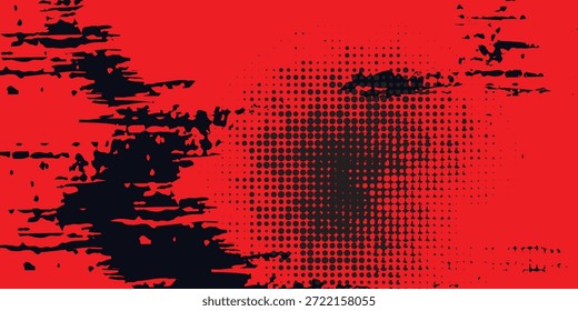 Grunge geométrico abstrato e padrão de pontos de meio-tom em vermelho vivo, ilustração vetorial.
