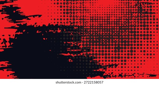 Grunge geométrico abstrato e padrão de pontos de meio-tom em vermelho vivo, ilustração vetorial.
