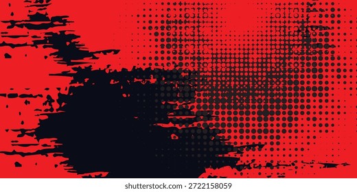 Grunge geométrico abstrato e padrão de pontos de meio-tom em vermelho vivo, ilustração vetorial.