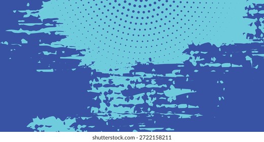 Abstraktes geometrisches Grunge- und Rasterpunktmuster in Neon Cyan auf Royal Blue, Vektorgrafik.