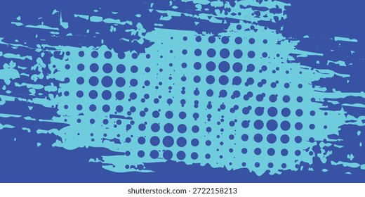 Abstraktes geometrisches Grunge- und Rasterpunktmuster in Neon Cyan auf Royal Blue, Vektorgrafik.