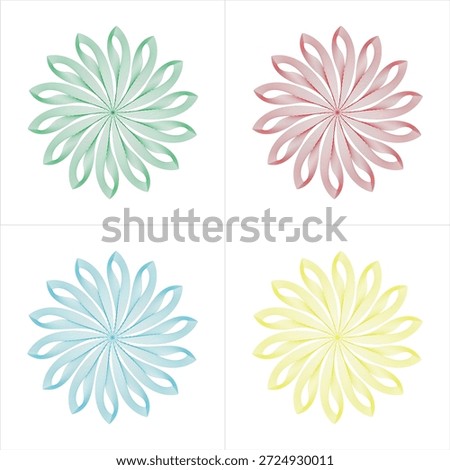 Abstract Geometric Guilloche Floral Pattern Set, Symmetrical Linear Floral Rosette Designs in Four Colors