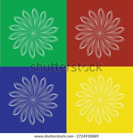 Abstract Geometric Guilloche Flower Pattern Set, Four Vibrant Colored Radial Floral Line Art Designs