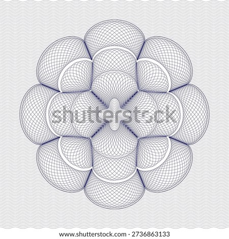 Abstract geometric guilloche pattern forming a symmetrical floral mandala design. Thin curved lines create an elegant and harmonious composition inspired by Islamic art and sacred geometry. Suitable for Ramadhan and Eid backgrounds, certificates, security designs, wallpapers, branding, packaging, and modern decorative purposes.