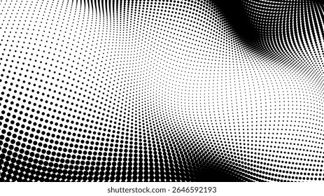 Abstract geometric halftone dots create an optical wavy pattern. Black and white background for modern design. Futuristic digital sound visualization.