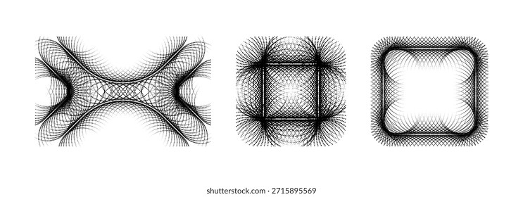 Abstract geometric halftone dotted square frame shapes vector illustration, a  guilloche border for decorative backgrounds, posters, and digital layouts.