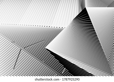 Abstrakte geometrische Halbtonlinien Hintergrund, modernes Design, schwarz-weißes geometrisches dynamisches Muster, Vektorstruktur für Karte, Abdeckung, Poster, Dekoration.