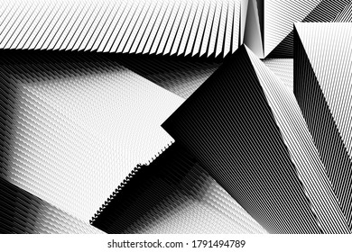 Abstract geometric halftone lines background, modern design, black and white geometric dynamic pattern, vector texture.