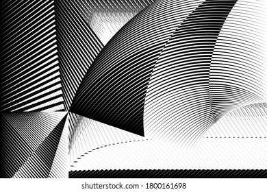 Abstract geometric halftone lines background, modern design, black and white geometric dynamic pattern, vector texture for card, cover, poster, decoration.