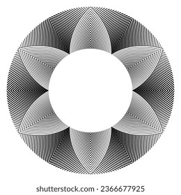 Patrón radial de semitono geométrico abstracto en forma de flor para marco decorativo. Arte vector.