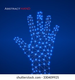 Abstract geometric hand with connecting dots and lines. Modern technology concept. Vector illustration. Eps 10