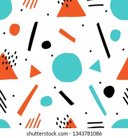 Abstract geometric hand drawn seamless pattern for kids print, textile, walpapaer. Kids playful memphis background.