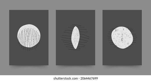 Abstract geometric hand drawn set with grunge texture in mid century style. Boho design for wall decoration, poster, print, cover, wallpaper. Minimal dark wall art. Vector illustration.